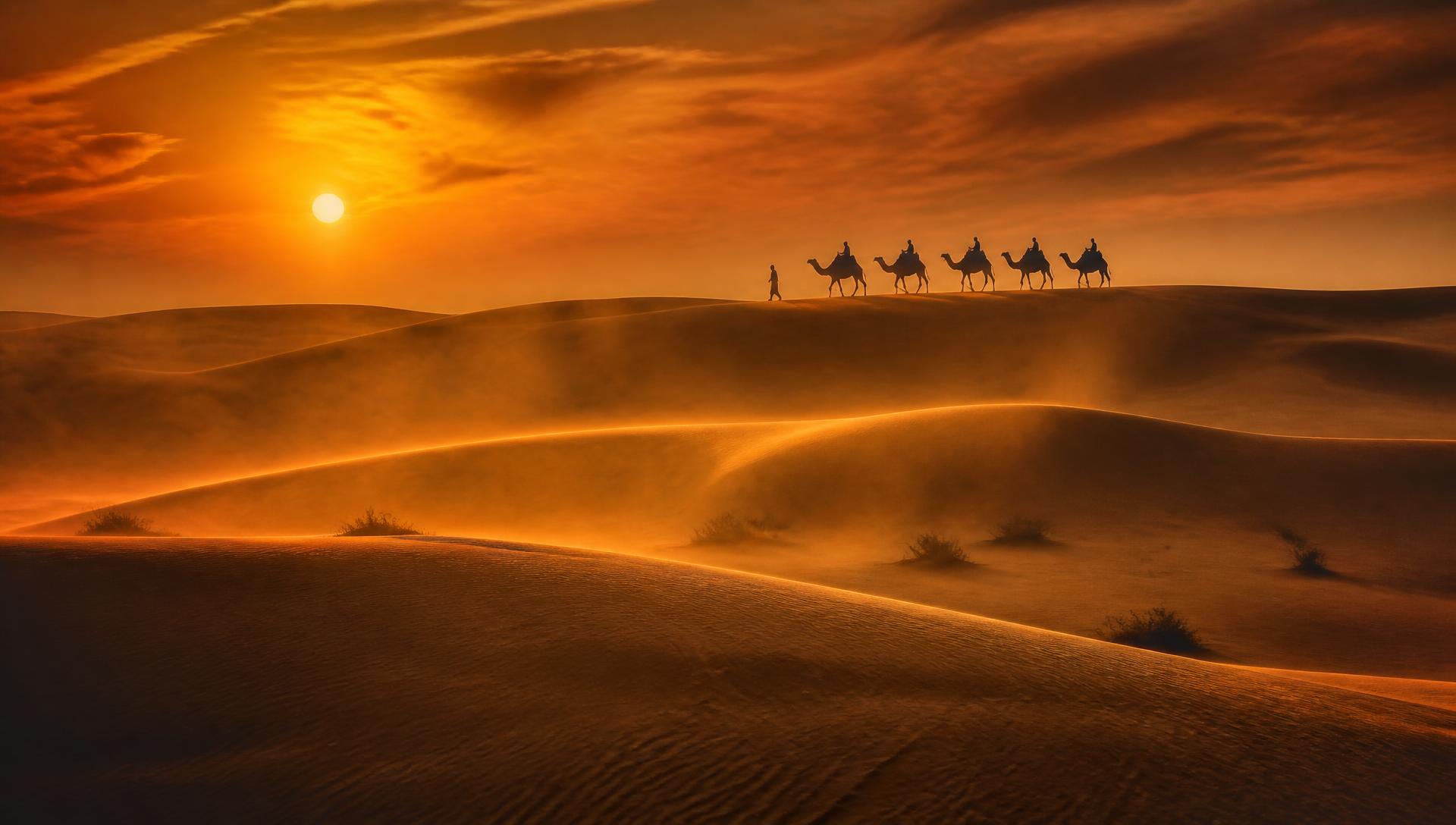 Camels crossing the Thar desert